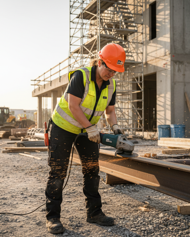 A tradesperson on a real jobsite using equipment
