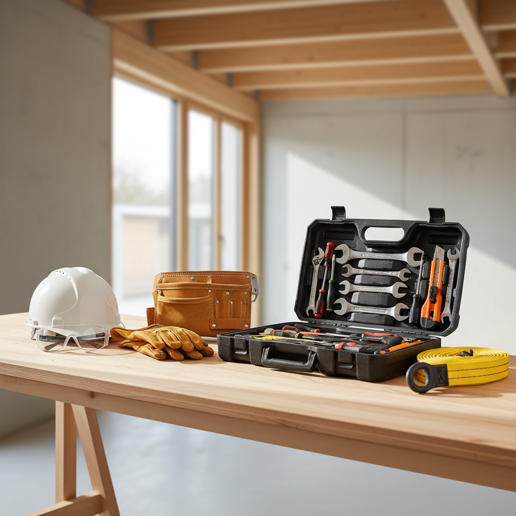 Photorealistic image for an ‘About FYLVAX’ homepage section. A tidy jobsite staging area with professional equipment laid out neatly: PPE, tool pouch, organiser case, and a generic lifting/handling accessory. Background shows a modern construction interior softly blurred. Clean composition, soft daylight, premium ecommerce photography. No text, no logos, no brand names, no watermark. size 1:1